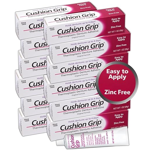 Cushion Grip Thermoplastic Denture Adhesive 1oz (12 Pack)–Extra Strong Hold Up to 4 Days, Unmatched Strength, Waterproof & Zinc Free, Relieves Sore Gums, Comfortable Refit, Long Lasting Denture Refit