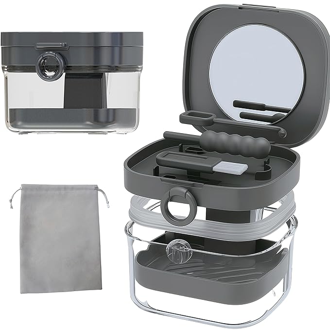Denture Case Retainer Cleaning Case with Retainer Removal Tool and Brush, No-Leak Denture Bath Box Cup, Complete Clean Care for Clear Braces, Mouth Guard, Night Guard & Retainers (Grey)