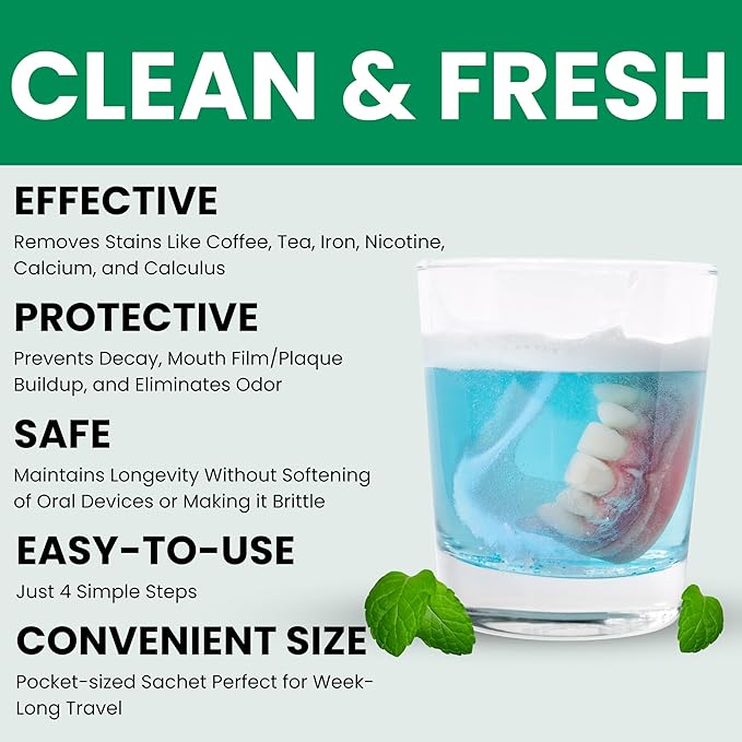 Protech Denture Cleaner 7g (3-Month Supply) Denture Cleanser Foils for Retainers, Nightguards, Mouthguards, and Dentures, Nicotine, Coffee and Iron Cleaning Foils, No Tablets, Long Lasting Packets