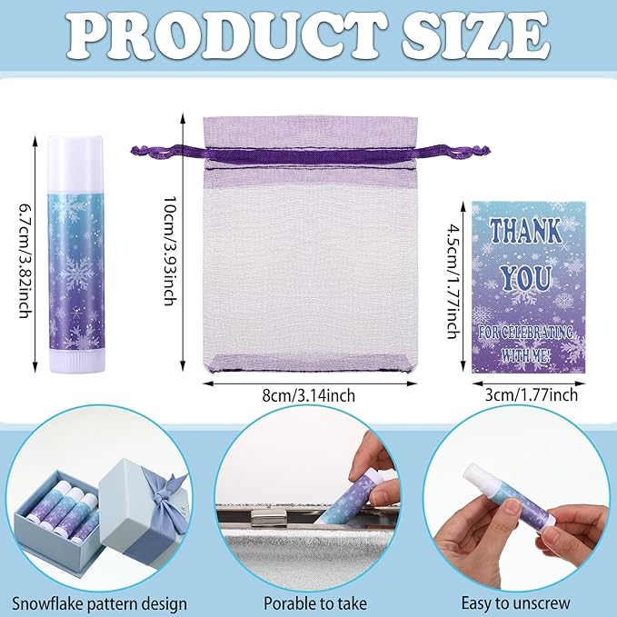 36 Set Snowflake Party Favor Winter Blue Purple Snowflake Lip Balm Thank You Tag Organza Bag Winter Wonderland Ice Snow Gift for Christmas Holiday Birthday Party Supplies Goodie Bag Decoration