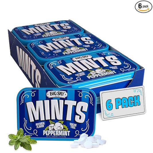 Big Sky Sugar Free Peppermint Mints - 50 Count Tin (Pack of 6) | Kosher Certified, Vegan Peppermint Candy | Aspartame & Gluten Free | Natural Breath Mints for Travel & Sharing, Long Lasting Freshness