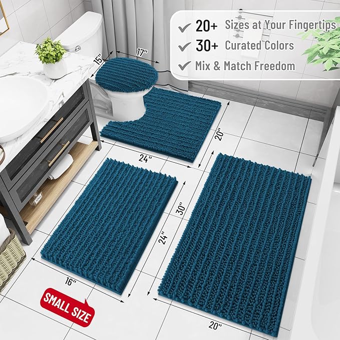 Arotive Luxury Chenille Bathroom Rug Mat, Extra Soft Thick Absorbent Shaggy Bath Rugs, Non-Slip Machine Wash Dry, Plush Bath Mats for Bathroom, Shower and Tub, 45x27, Peacock Blue