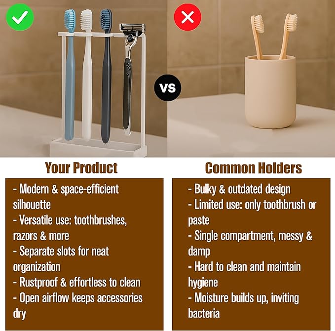 Stainless Countertop Toothbrush Holders Stand, Rustproof Bathroom Organizer with 5 Ventilated Slots to Hold Manual Toothbrushes and Razor, Metal Storage Collection for Family, Suitable for Home Vanity
