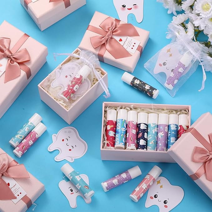 36 Set Dental Gift Teeth Lip Balm Tooth Shape Card Organza Bag Dentist Assistant Accessories Oral Dental Hygienist Stuff for Women Doctor Nurse Valentine's Day Birthday Party Favor