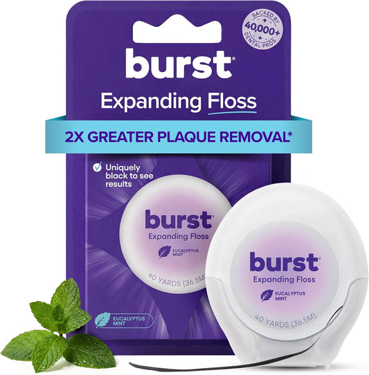 BURST Expanding Dental Floss (Mint Eucalyptus/40 Yards) | Stain Absorbing & Woven Tooth Floss with Xylitol Coating to Fight Cavities | Vegan | Paraben Free Expanding Floss