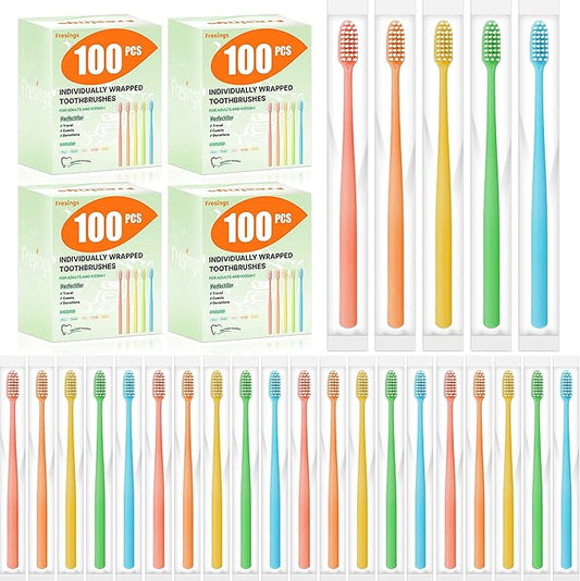 400 Pack Disposable Toothbrushes Bulk – Individually Wrapped Soft Bristles Single Use for Adults & Kids, Travel Hotel Guest Dental Office Donation Emergency Hygiene,Minimalist Design 5 Colors