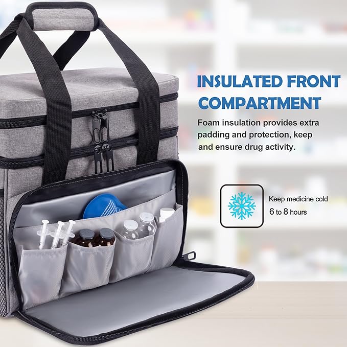 LIZSEN Large Medicine Storage Bag, Double Layer Pill Bottle Organizer Storage Bag with Lockable Zipper, Medication Travel Bag Carrying Case for Men Women