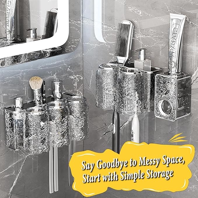 Toothbrush Holders Combo Set for Bathroom，2 Cups Toothbrush Holder Wall Mounted with Organizer，Gift 2 Count Ultra Fine Soft Bristle Crystal Tooth Brush and Wall Mounted Toothpaste Squeezer