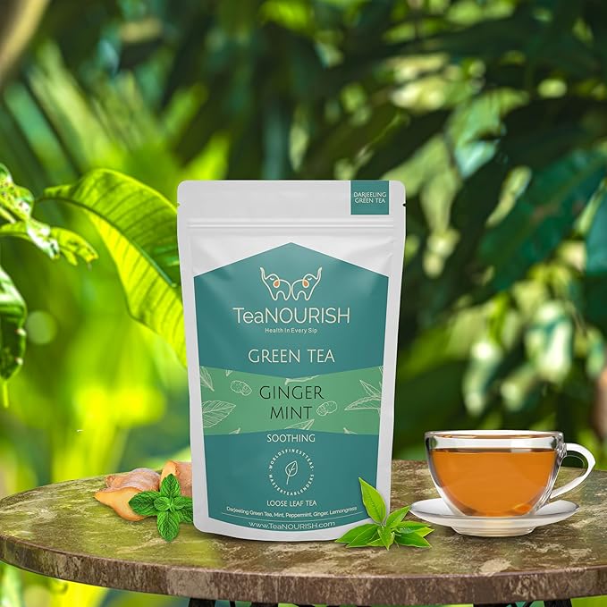 TeaNOURISH Ginger Mint Green | Relaxing & Calming | Premium Darjeeling Loose Leaf | Immune Support Tea for Daily Wellness | 50 Cups Hot Tea or Iced - 3.53oz/100g