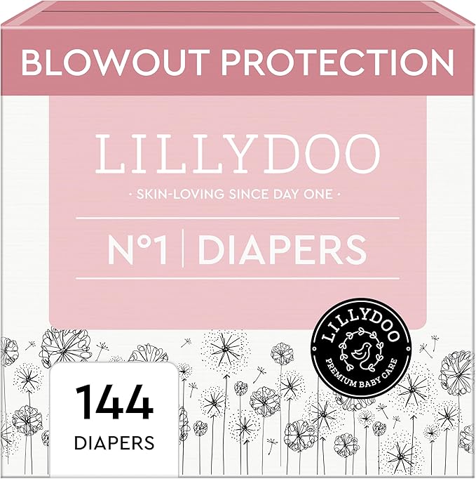 LILLYDOO Baby Diapers - Size 1 (4-11 lbs), Monthly Supply (144 Count), Leak Protection, Skin-Friendly, Ultrasoft, Perfume- & Chlorine-Free, Hypoallergenic, dermatologically Tested, Oeko-TEX®
