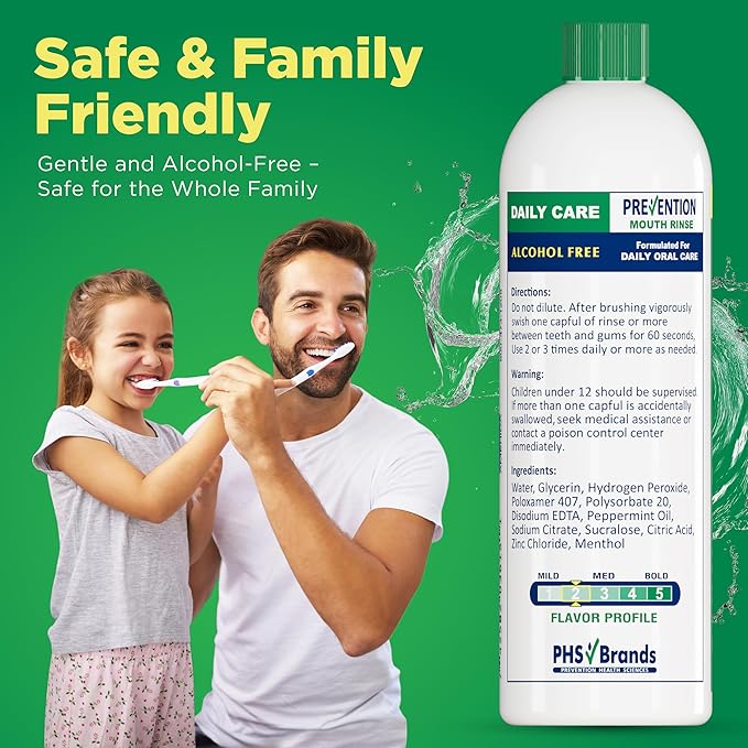 Prevention Daily Care Alcohol-Free Mouthwash, Hydrogen Peroxide Teeth Whitening with Soothing Fresh Mint for Bad Breath Treatment, Fluoride-Free Gum Care Oral Mouth Rinse 16 oz 1 Pack