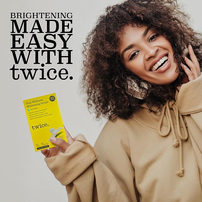 Twice Twice Teeth Whitening Strips – 20-Day Treatment, Coconut Oil Enhanced, No-Slip, Vegan, Easy to Use, Sweet Mint Flavor, Gentle Whitening Designed with Care for a Brighter Smile