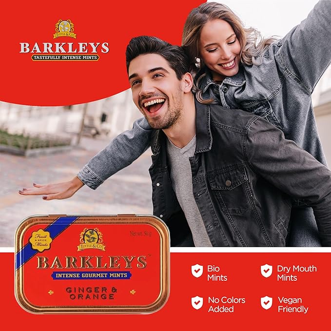 Barkleys Gourmet Ginger & Orange Breath Mints - Strong Ginger & Orange Flavor for Party, After Dinner, Wedding, Vegan Candy Mints In Reusable Classic Travel Tins, 6 Pack - 50 Count Each