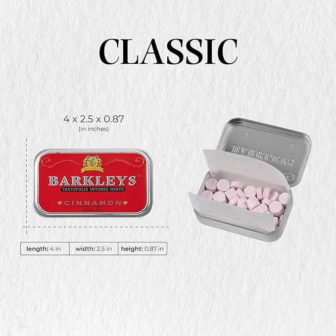 Barkleys Cinnamon Breath Mints -Strong Cool Cinnamon Candy, Breath Freshener, After Dinner Mints In Reusable Classic Travel Tins, Vegan, 6 Pack - 50 Count Each