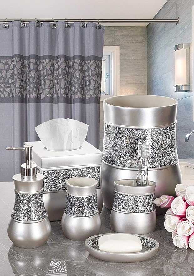 Crackled Glass Silver Hand Soap Dispenser for Bathroom, Decorative Countertop Lotion Dispenser, Elegant Liquid Soap Dispenser with Sturdy Pump for Classic Bathroom Décor