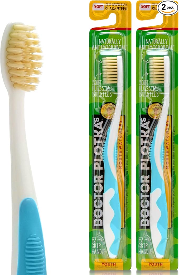 MOUTHWATCHERS Soft Childrens Flossing Manual Toothbrush, Set of 2, Blue Toothbrushes for Kids & Teens, Ultra Clean, by Dr. Plotka's