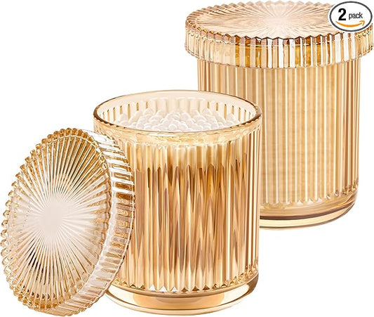 2 Pack Qtip Holder - Apothecary Jars with Lids, Bathroom Organizers and Storage Canister for Cotton Balls,Swabs,Floss Picks,Hair Ties,Clear Glass Vintage Bathroom Decor Jar Set (Amber)