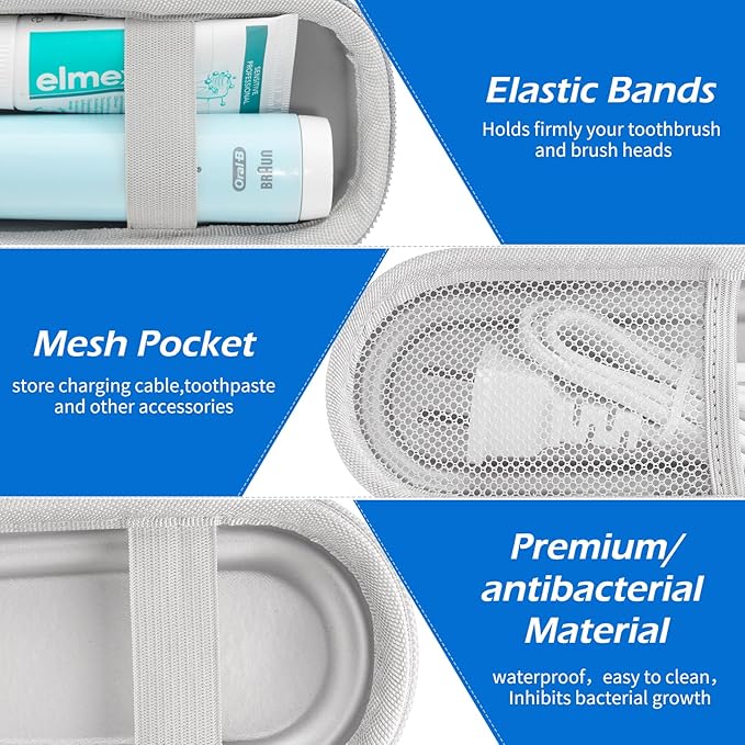 TYSORETY Toothbrush Travel Case for Oral B/Oral-B Pro 1000 1500 5000 7000 & Philips Sonicare 4100 1100 5300 5100 6100/iO Electric Toothbrush, Hard Protective Storage Bag (Silver case&toothbrush cap)
