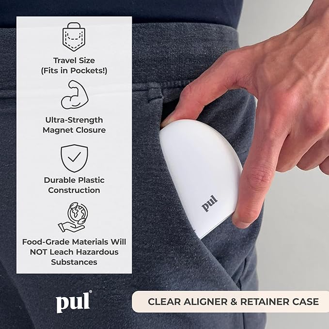 PUL Clear Aligner & Retainer Case – For Invisalign, Partial Dentures, Mouth & Night Guards, PUL Removal Tool, Dental Removables – Plastic Holder w/ Secure Magnet Closure, Sleek & Slim Design – White