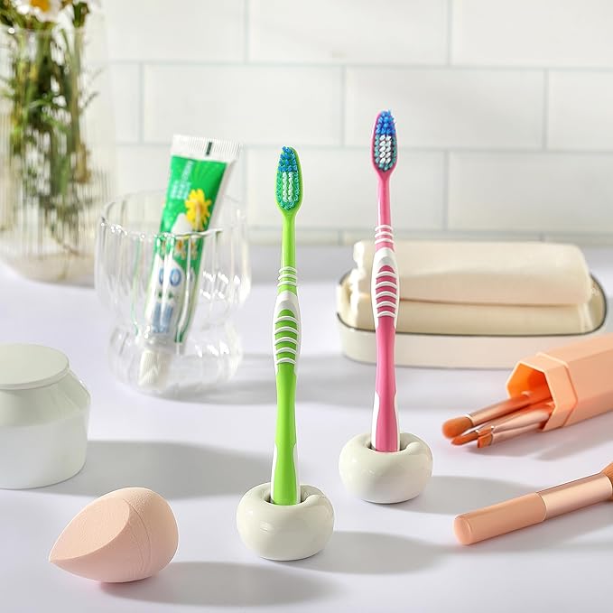 2PCS Ceramic Toothbrush Holder, DQELFA Mini Sleek Toothbrush Holder Stand for Bathroom and Countertop Organizers, White (Stylish Sea-Themed Designs)