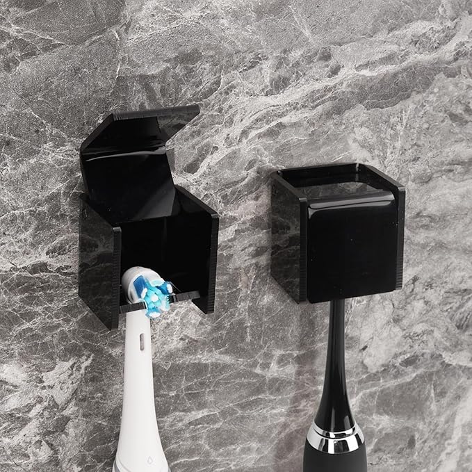 2 PCS Toothbrush Holder Wall Mounted with Cover for Bathroom, Self Adhesive Toothbrush Storage Organizer for Shower, Mini Toothbrush Hanger Rack for Dorm, Cabinet (Black)