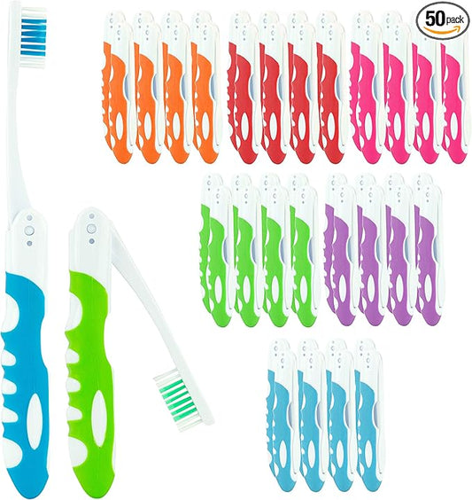 Bulk Portable Toothbrushes, Individually Wrapped, Manual Disposable Travel Toothbrush Set for Adults, Medium Soft Large Head, Multi Color Travel Toothbrush Kit (50 Pack)