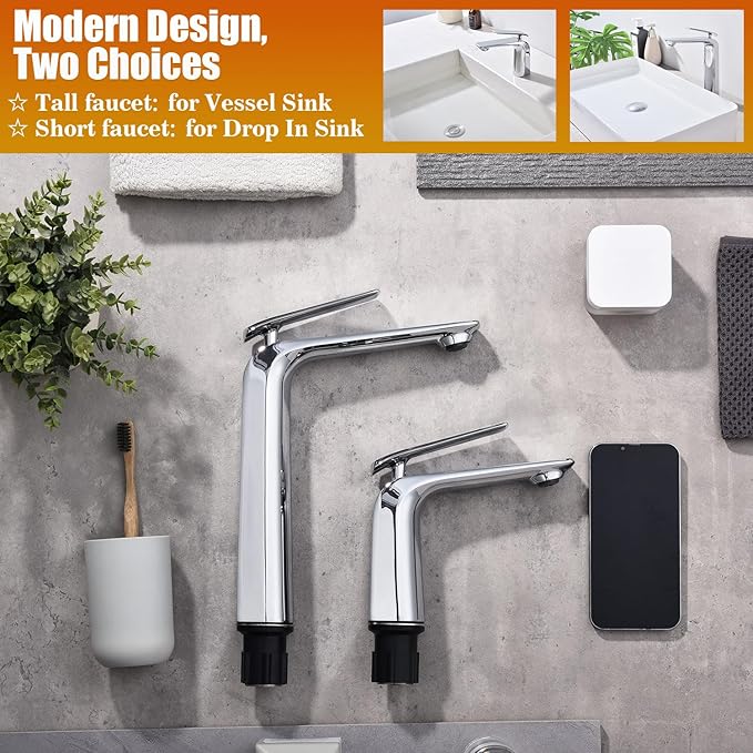TOCALOCA Tall Vessel Bathroom Faucets Chrome Silver Basin Mixer Tap Single Handle1 Hole, Modern Vessel Sink Faucet Polished Chrome Basin Faucet Brass Single Lever Lavatory Faucet