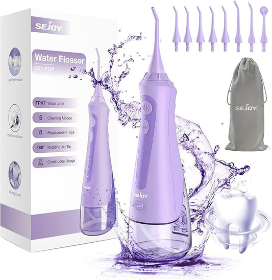 Sejoy Water Flossers for Teeth Cleaning, Water Flosser for Teeth Rechargeable Cordless, Electric Portable, 5 Cleaning Modes 8 Jet Tips, IPX7 Waterproof, 230ml, for Travel and Home