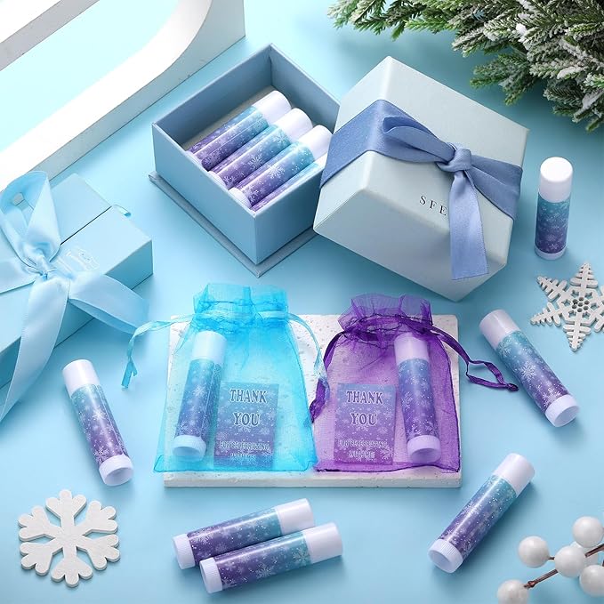 36 Set Snowflake Party Favor Winter Blue Purple Snowflake Lip Balm Thank You Tag Organza Bag Winter Wonderland Ice Snow Gift for Christmas Holiday Birthday Party Supplies Goodie Bag Decoration