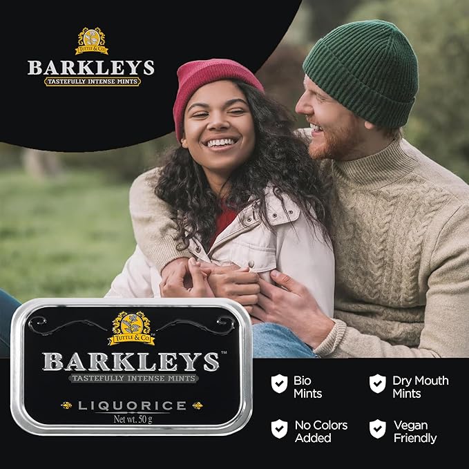 Barkleys Liquorice Breath Mints - Strong Licorice Flavored Cool Mint Candy For Party, After Dinner, Wedding, Every Day Use - Vegan Breath Mints In Reusable Classic Travel Tins, 6 Pack - 50 Count Each