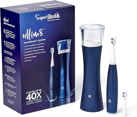 SuperMouth® ULTIM8 SmartBrush™ System -Electric Toothbrush, Patented SuperBristles® Clean 40X Better, UV Sanitizing & Drying SmartHub®, Dual Sonic Modes, Pressure Sensor -Teens & Adults-Sapphire Blue