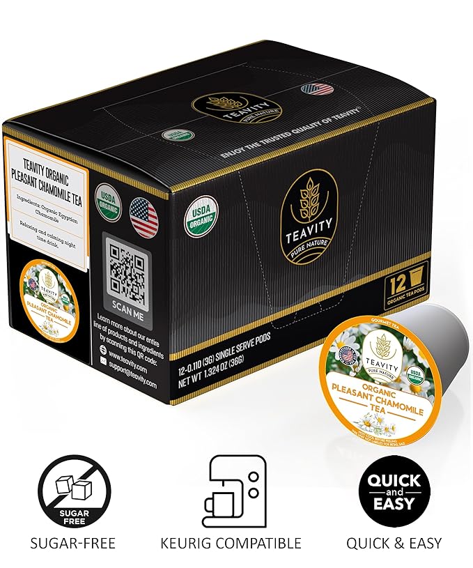 Organic Chamomile Tea Pods for Keurig - Decaf Tea Pods - Pleasant Chamomile by Teavity (36 Tea Pod)