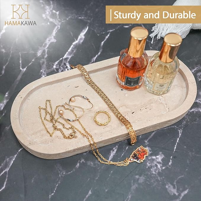 Bathroom Vanity Tray, Natural Marble Oval Tray 10 Inch, Beige Travertine Vanity Tray for Soap Dispenser Modern Countertop Organizer for Kitchen Countertops, Home Decor