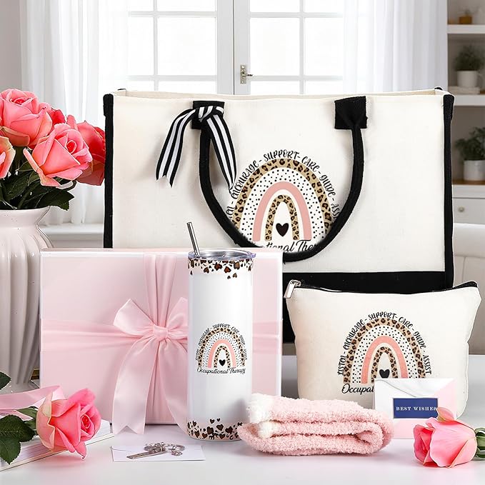 Geiserailie 8 Pcs Christmas Occupational Therapist Gifts for Women Including Large Tote Bag Cosmetic Bags Tumbler Cup Plush Socks Metal Keychain Card and Envelope for Christmas OT Thank You Gifts