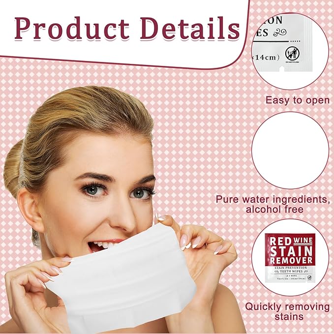 Loopeer 50 Pack Red Wine Stain Remover Wipes for Teeth and Lips Wine Prevention Teeth Wipes