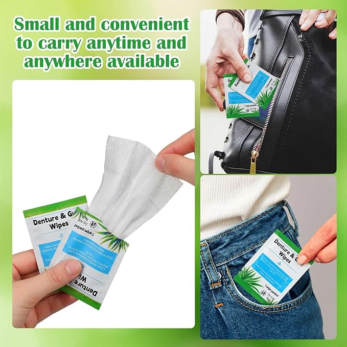 Timgle 100 Pcs Denture Cleaning Wipes Refreshes Gums Deep Cleaning Wipes for Remove Denture Adhesive, Food Debris, Stains and Odor