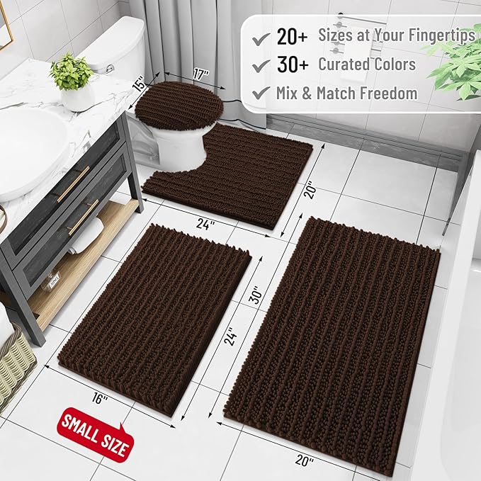 Arotive Luxury Chenille Bathroom Rug Mat, Extra Soft Thick Absorbent Shaggy Bath Rugs, Non-Slip Machine Wash Dry, Plush Bath Mats for Bathroom, Shower and Tub, 40x24, Brown