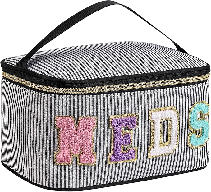 Chenille Letter MEDS Makeup Bag,Large Size Striped Medicine RX Cosmetic Bag with Top Handle, Aesthetic Seersucker First Aid Travel Organizer Bag for Women Girls(04Black)