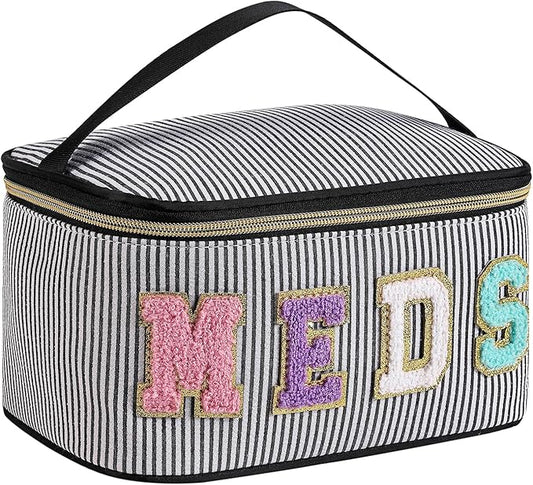 Chenille Letter MEDS Makeup Bag,Large Size Striped Medicine RX Cosmetic Bag with Top Handle, Aesthetic Seersucker First Aid Travel Organizer Bag for Women Girls(04Black)