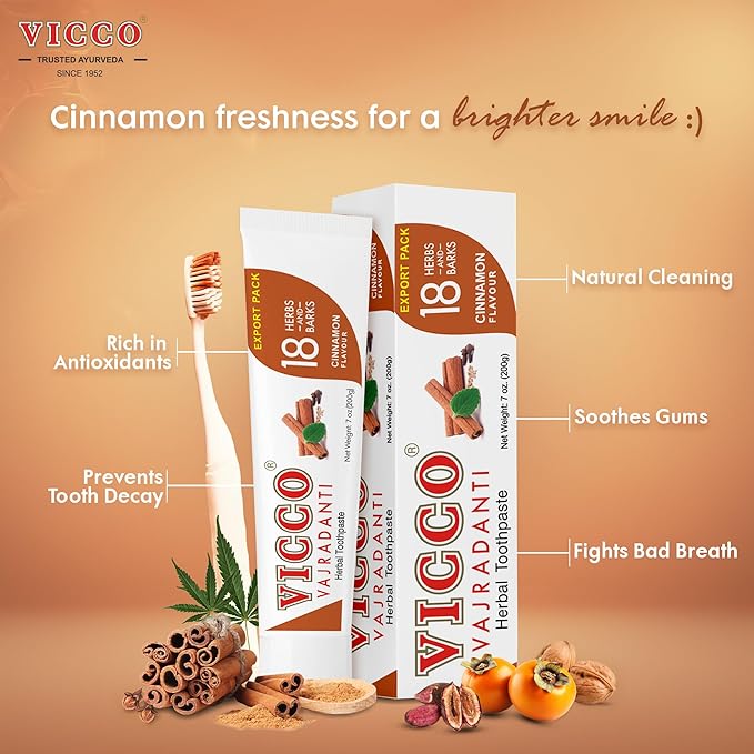 Vicco Vajradanti Ayurvedic Herbal Toothpaste by Vicco – 70 Year Legacy of Ayurveda, Cinnamon Flavour, with 18 Ayurvedic Herbs & Barks, 100% Natural, Vegan, Fluoride-Free & Cruelty-Free – 7 oz (1 Pack)