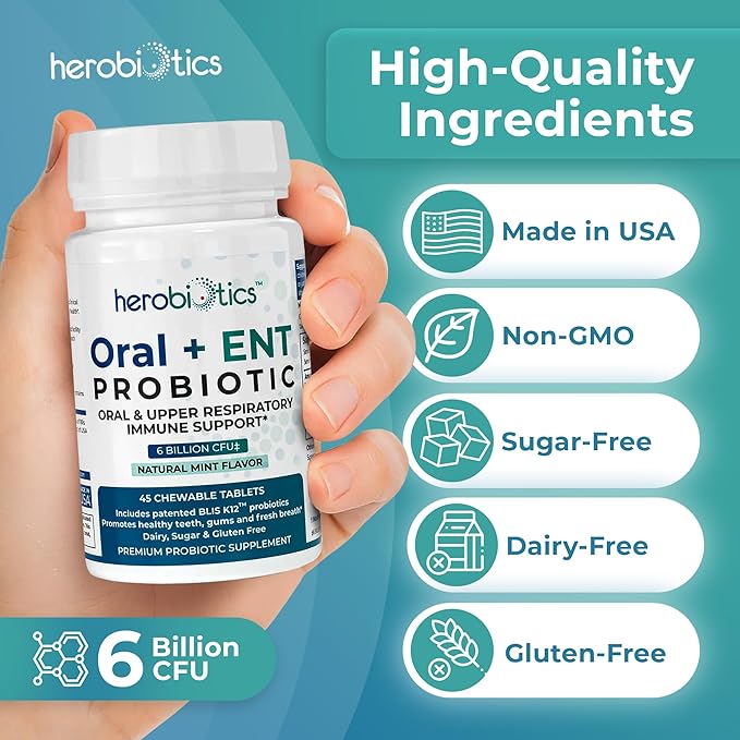 Oral Probiotics for Better Breath, Gingivitis, Strep Throat, Tonsil Stones, ENT - 6 Bn CFU Oral Probiotics with Lactobacillus Reuteri, L. Plantarum & BLIS K12-45 Chewable Tablets