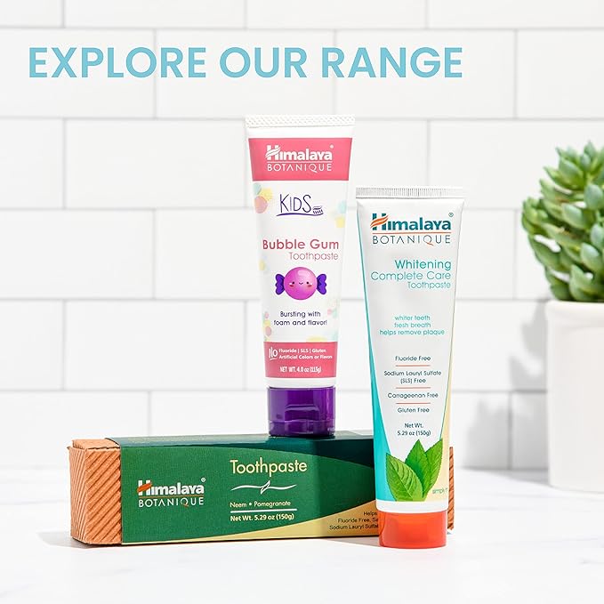 Himalaya Botanique Neem & Pomegranate Toothpaste, Mint Flavor - Fluoride Free Toothpaste Fights Plaque & for Fresh Breath - Vegan, Gluten Free, No SLS, No Artificial Flavors or Colors, 5.29 oz