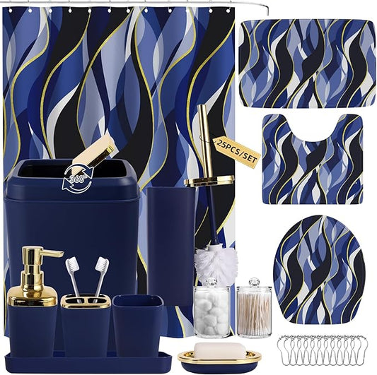 Bathroom Set - Blue and Gold Bathroom Accessories, Bathroom Sets with Shower Curtain and Rugs, Navy Blue Shower Curtain Set with Bathroom Trash Can, Soap Dispenser, Soap Dish for Home Decor
