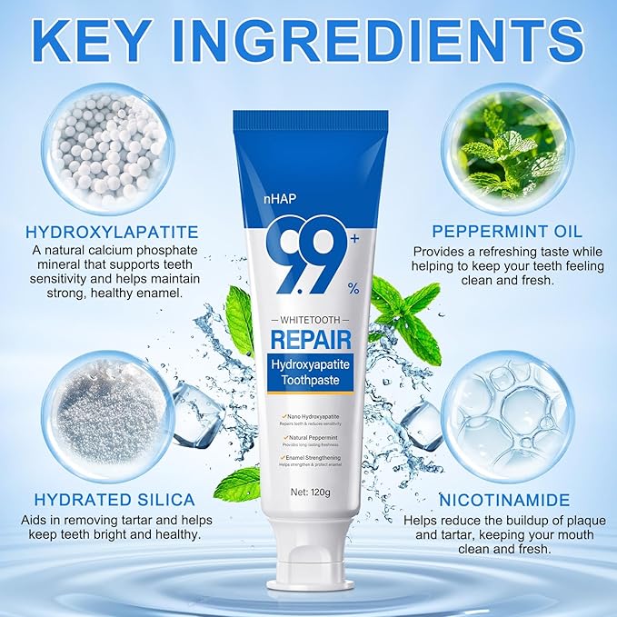 Hydroxyapatite Toothpaste for Enamel Protection and Tooth Strengthening - 9.9% Hidroxiapatita Toothpaste for Sensitive Teeth to Repair, Fluoride-Free Dental Care with Natural Mint (240g)