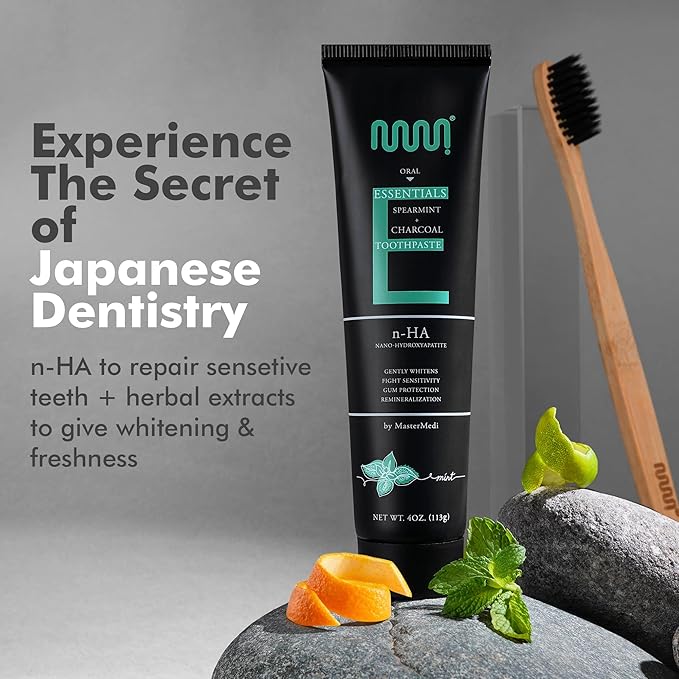 MasterMedi Nano Hydroxyapatite Toothpaste (Inspired by 10% nHA Formulas), Fluoride-Free, Charcoal Whitening, Sensitive Teeth Care, Enamel Support, SLS-Free, Xylitol, Citrus Mint, 4 Oz (Pack of 3)