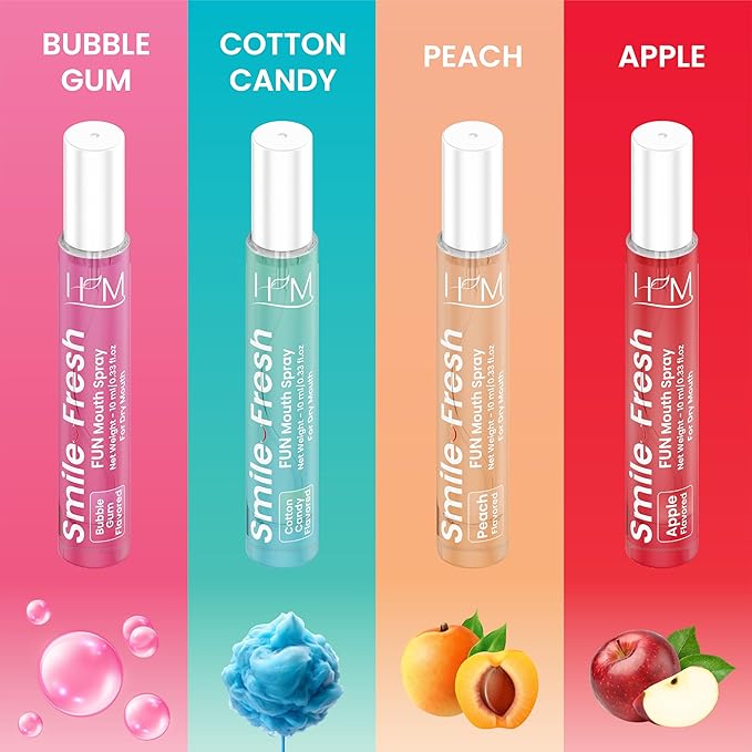 HM - Dry Mouth Fun 4 Flavoured Spray - Peach, Bubble Gum, Cotton Candy & Apple - Alcohol Free, Instantly Hydrate & Moisturize, Ph Balanced, Promotes Saliva Production & Soothes Pack of 4 x 0.33 oz