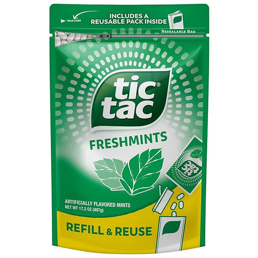 Tic Tac Bulk Resealable Refill Bag, Freshmint Breath Mints, On-The-Go Refreshment, Includes Empty Refillable Pack, 17.2 oz