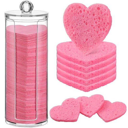Sieral 120 Pcs Compressed Facial Sponges with Container Disposable Face Sponge Pads for Washing Face Cleansing Exfoliating Esthetician Makeup Removal(Heart,Pink)