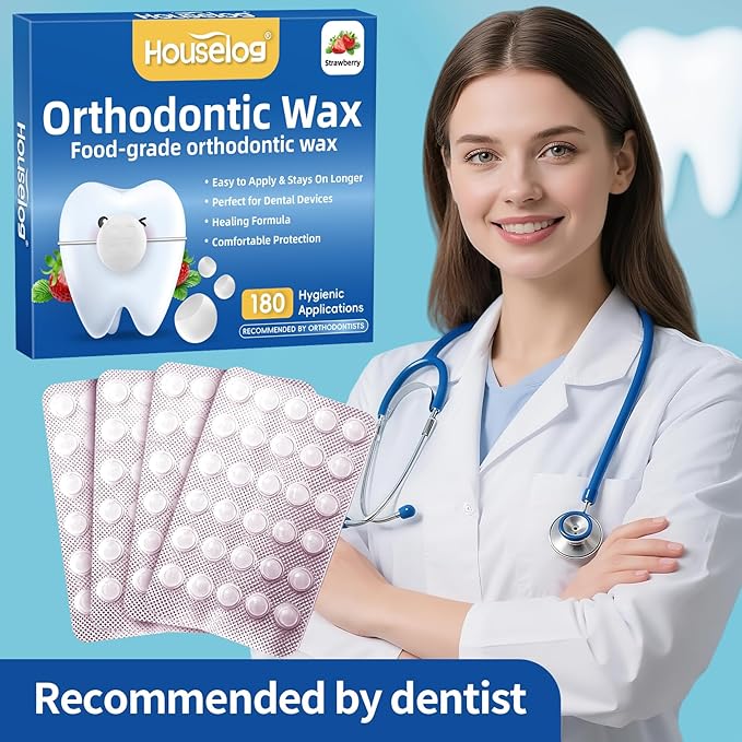 Orthodontic Wax for Braces - 180 Dental Wax Dots | Strawberry Flavor, Hygienic Individual Wraps, Brace Wax for Brackets