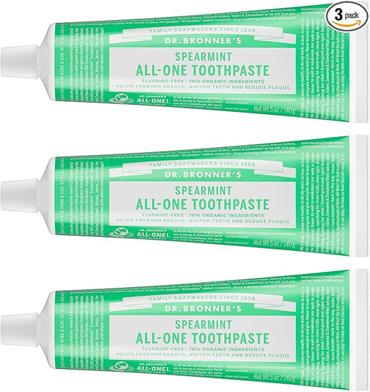 Dr. Bronner’s All-One Toothpaste Pack of 3– Spearmint, 5 oz– Fluoride-Free Toothpaste for Adults, SLS-Free, 70% Organic & Natural Ingredients, Vegan, Helps Freshen Breath & Reduce Plaque